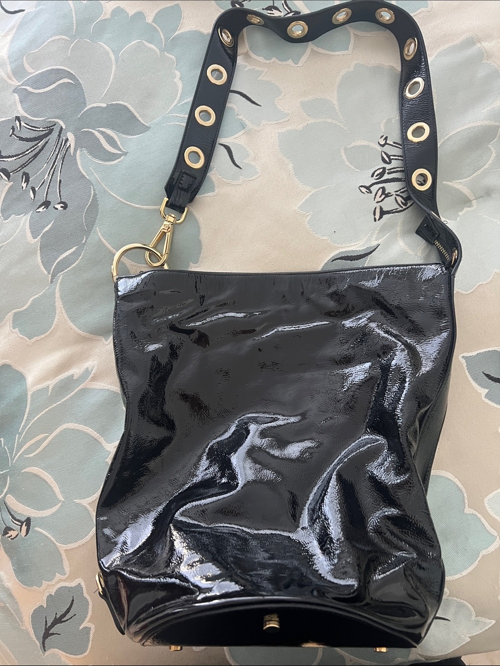 Claudia Firenze Black Patent Shoulder Bag w/Grommet Strap and Gold Accents NWOT